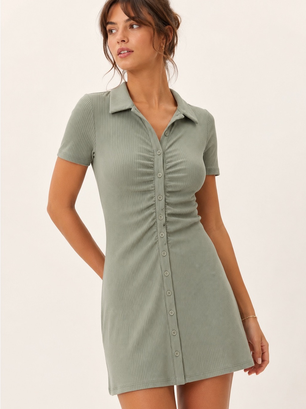 Reformation Sage Green Ribbed Ruched Button Front Mini Dress